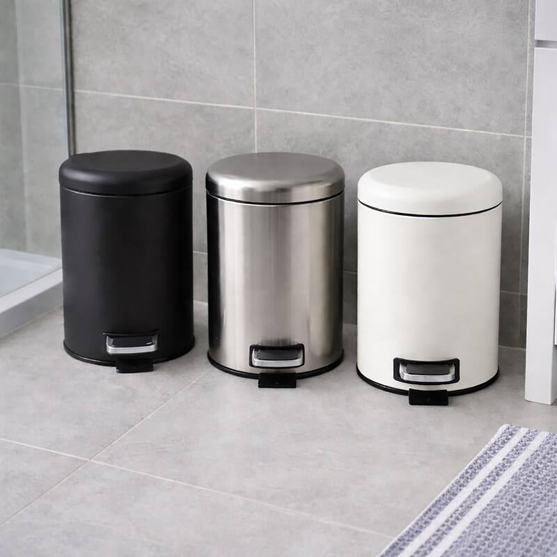 Evideco Soft Close Small Round Metal Bathroom Floor Step Trash Can Waste Bin 3-liters/0.8-gal Steel - 0.8 gal