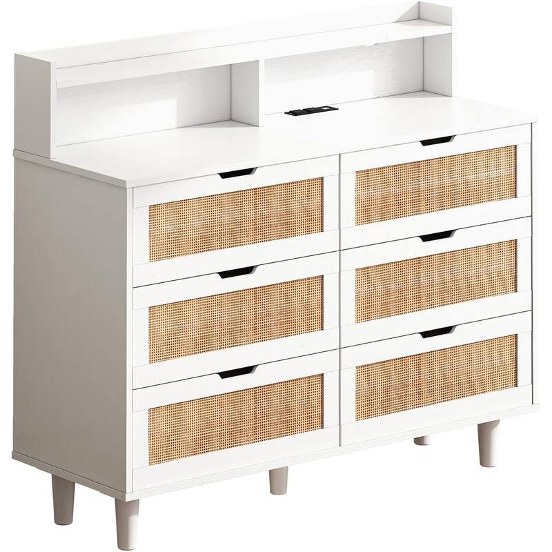 6 Drawer Dresser, Rattan Wood Chest of Drawers , Storage Cabinet Sideboard Console Table