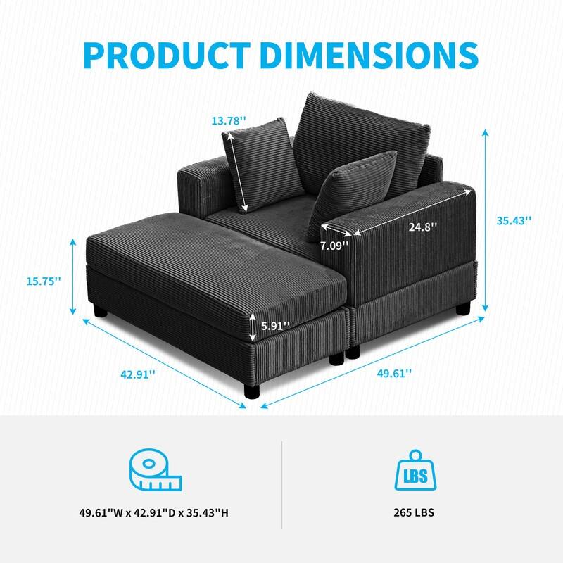 Mixoy 50 "D Sofa Chair with Ottoman, 2 Cushions, Large Corduroy Upholstered Comfy Chaise Lounge Deep Seat Sleeper Chair Indoor