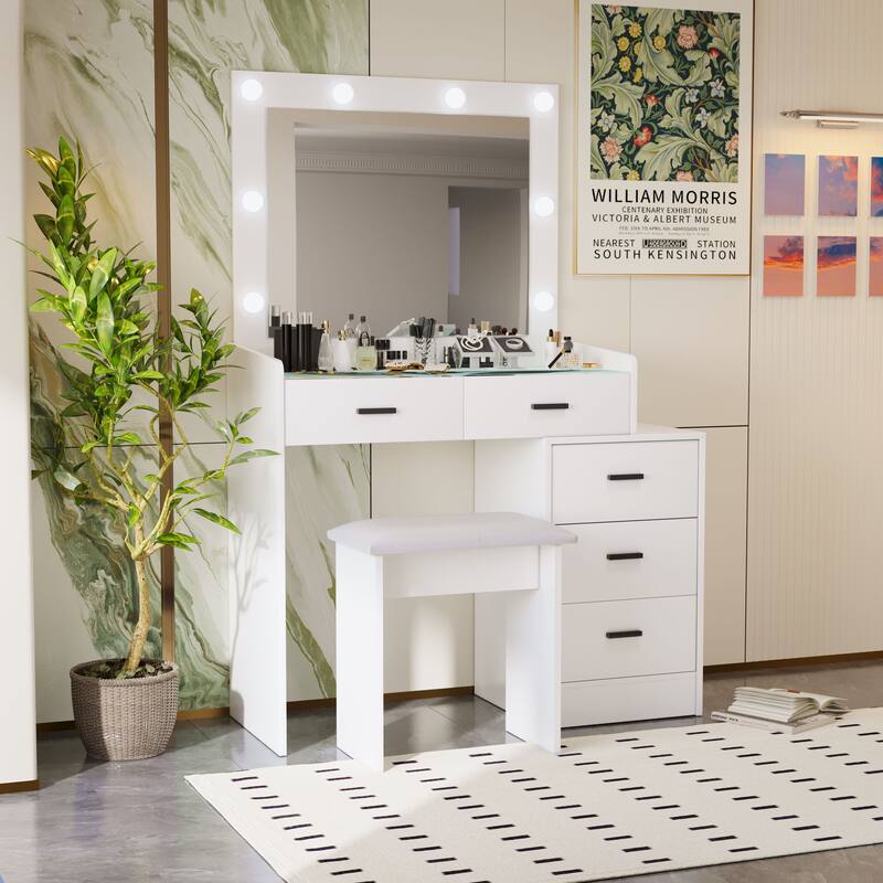 2-Piece Makeup Vanity Set with Stool & Large Mirror, 5 Drawers Dressing Table with 3 Lighting Modes Adjustable, Matte White - Matte White