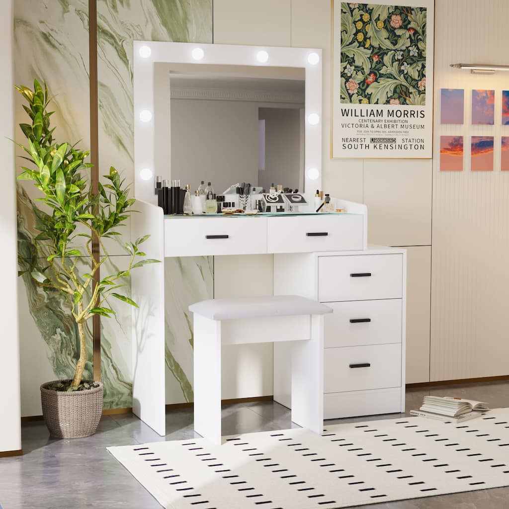 2-Piece Makeup Vanity Set with Stool & Large Mirror, 5 Drawers Dressing Table with 3 Lighting Modes Adjustable, Matte White