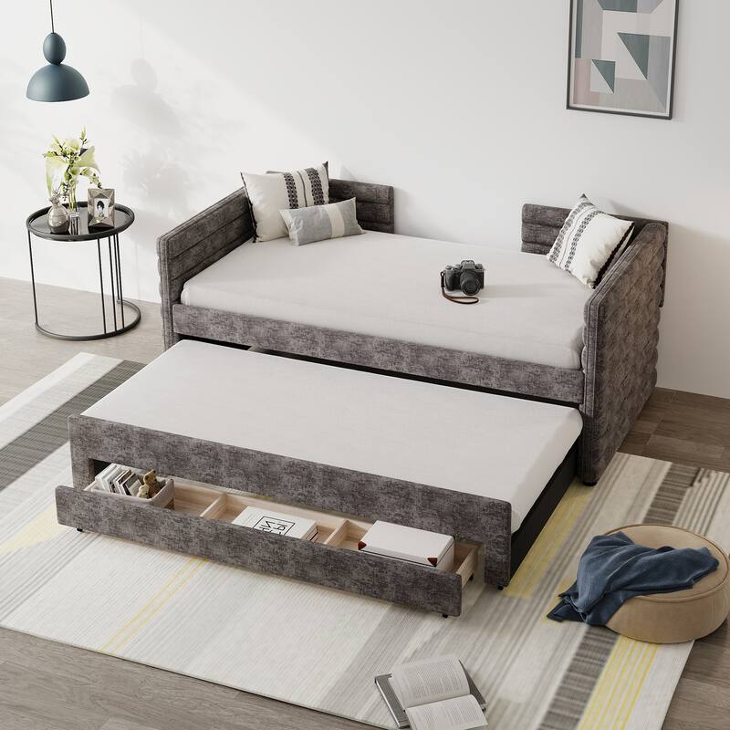 Double Upholstered Daybed with Trundle and 3 Storage Drawers