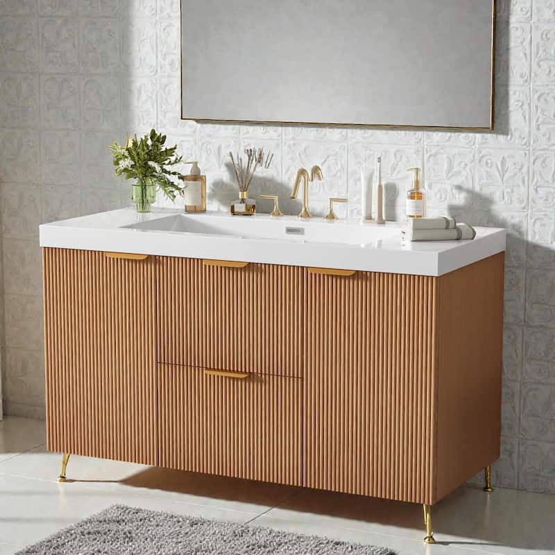 42" Wall-Mounted Single Sink Bathroom Vanity with SMC Top, MDF Cabinet with Solid Wood Frame, U-Shaped Drawers - Wood