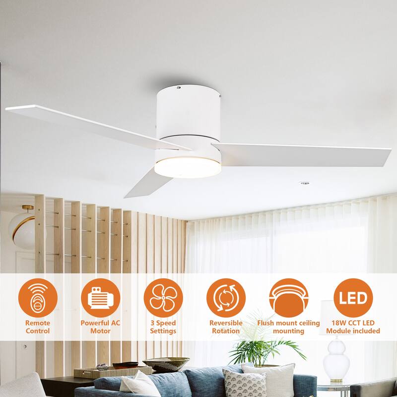 48 inch Modern 3-Blade Wooden Flush Mount Ceiling Fans with Light and Remote