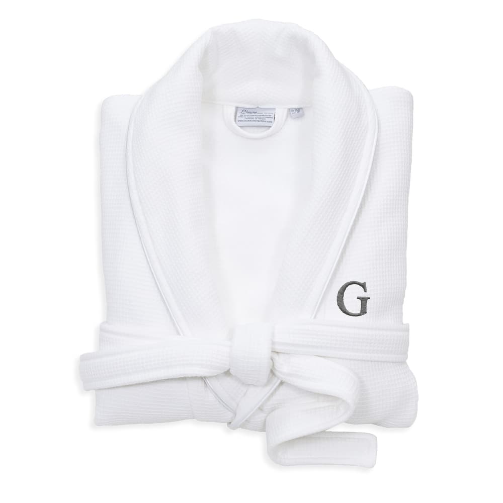 Authentic Hotel and Spa White Unisex Turkish Cotton Waffle Weave Terry Bath Robe with Grey Block Monogram