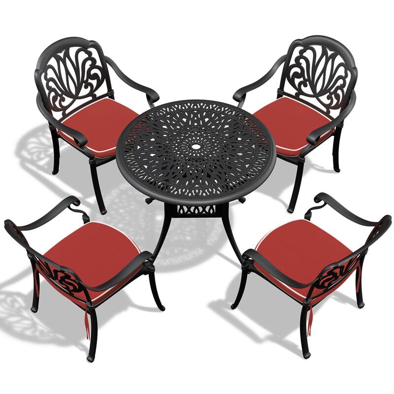 3/5-Piece Cast Aluminum Outdoor Dining Set with 35.43 in. Round Table and Random Color Seat Cushions