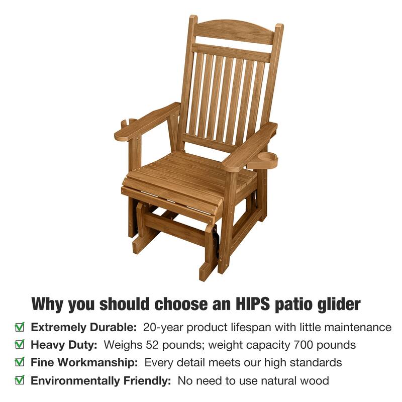 Poly Lumber Patio Glider for One Person with Cup Holders, HIPS Material, All-Weather Resistant