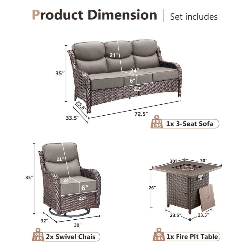Pocassy 4 Pieces Outdoor 6" Sofa Swivel Chair with Fire Pit Table
