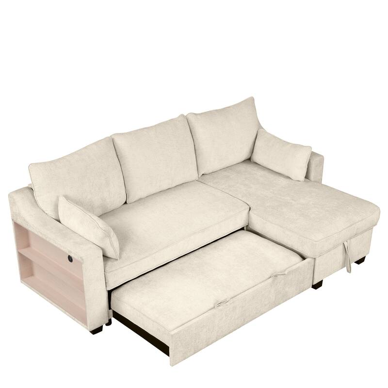 90" Convertible Sleeper Sofa with Storage Chaise, USB Ports, Storage Racks for Compact Spaces