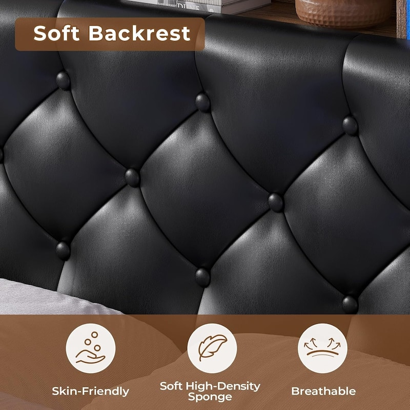 Bed Frame Storage Headboard RGB LED Lights Upholstered Platform