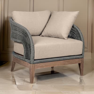 Kimi 33 Inch Outdoor Patio Accent Chair, Olefin Cushions, Gray Woven Rope