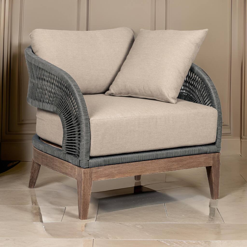 Kimi 33 Inch Outdoor Patio Accent Chair, Olefin Cushions, Gray Woven Rope