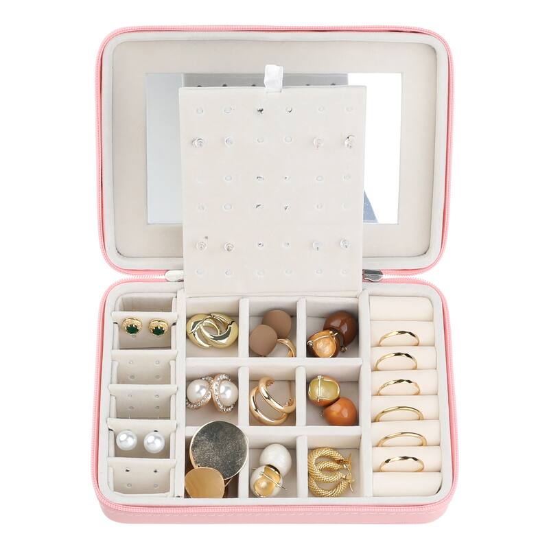 Travel Jewelry Box with Mirror for Girls, Portable PU Leather Jewelry Organizer Case Storage Display Holder - 20x15x6cm