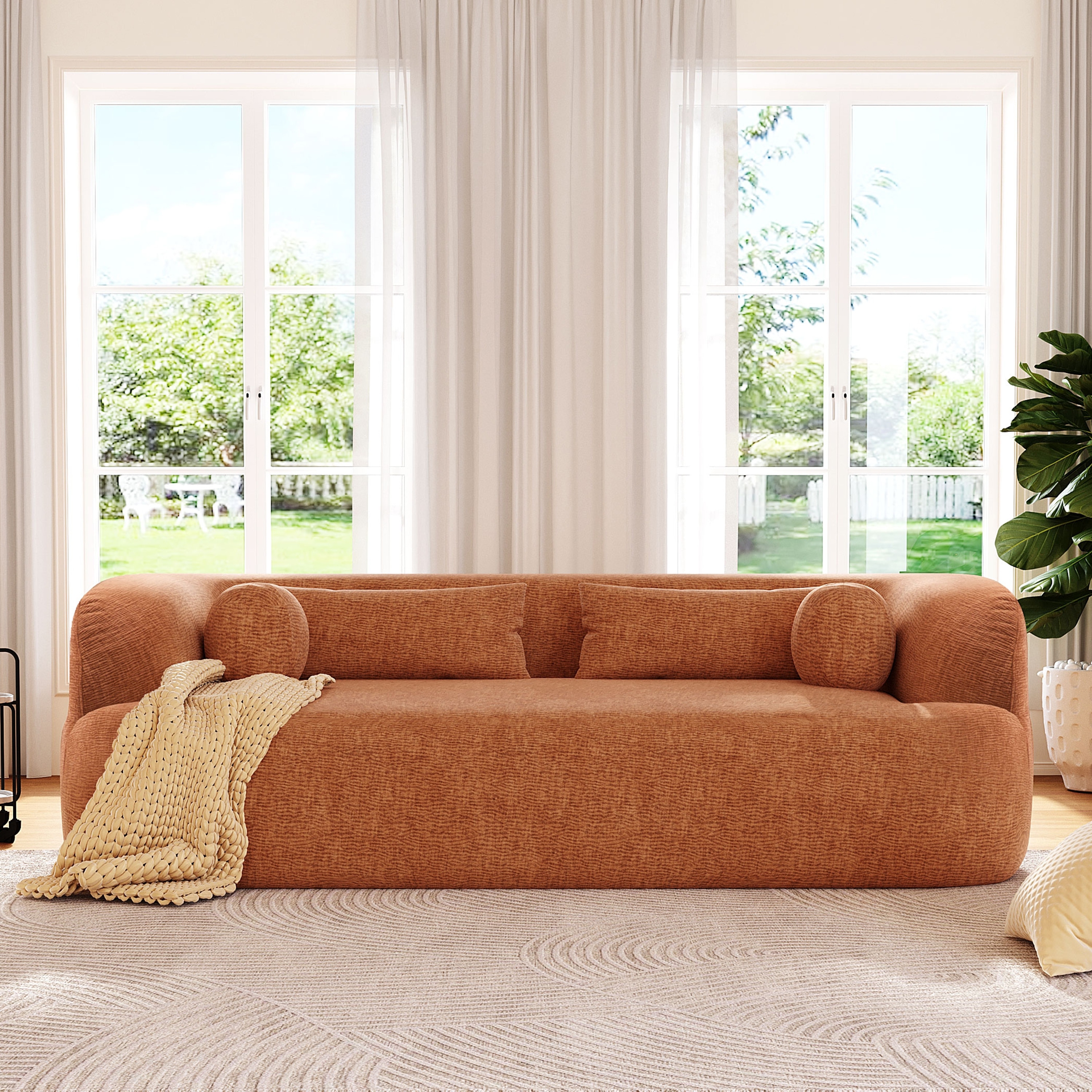 Orange Boneless Couch Upholstered Sofa with Pillows, 3-Seater Sofa Couch Settee Couch for Living Room