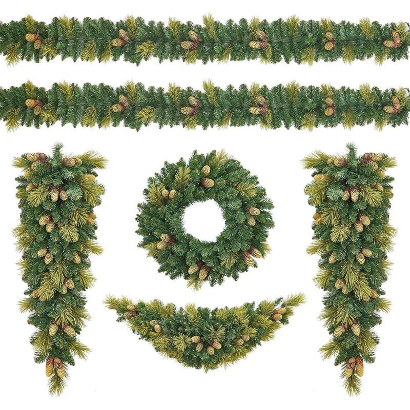6-Piece Set Pre-Lit White LED Lights Holiday Christmas Garland, Wreath - N/A - Green