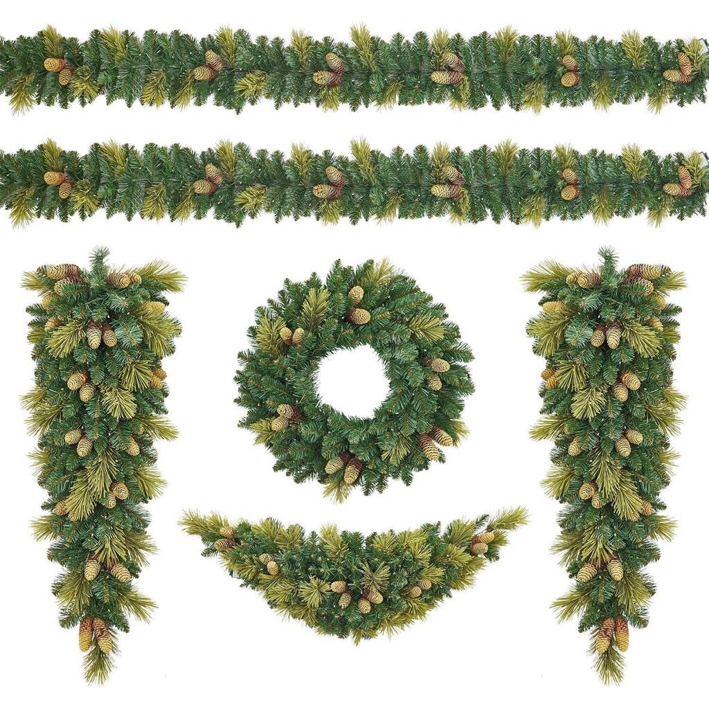 6-Piece Set Pre-Lit White LED Lights Holiday Christmas Garland, Wreath - N/A