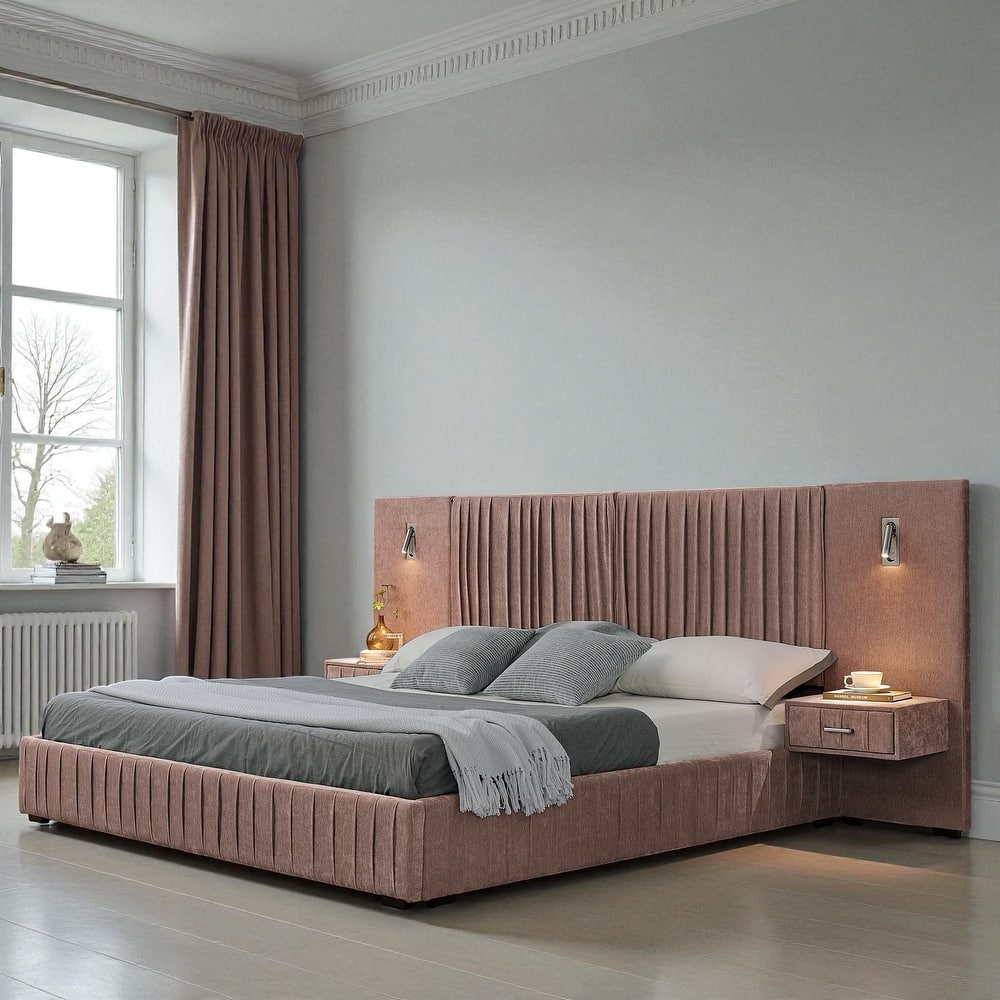 Queen Upholstered Platform Bed with Pleated Chenille Headboard, Built-in Bedside Table & Adjustable Lamps, No Box Spring
