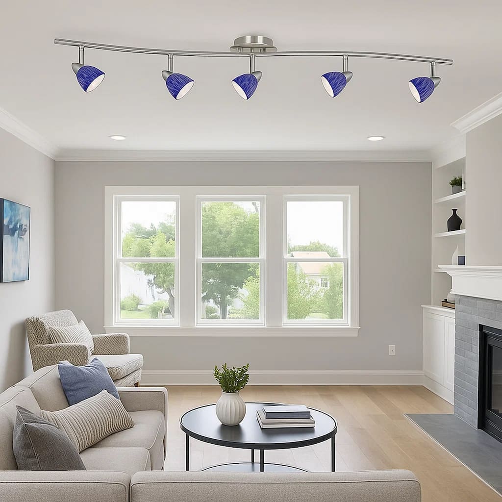 5 Light 120V Metal Track Light Fixture with Textured Shade, Silver and Blue