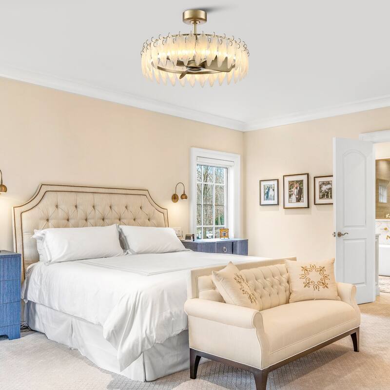 32" Rusted Silver Glass Feather 3-Blade Fandelier Caged Ceiling Fan with Light and Remote