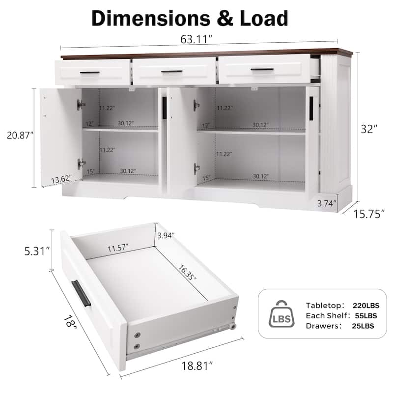Fluted Sideboard Cabinet with 4 Doors & 3 Drawers, Wood Storage Console Table, Coffee Bar Cabinet with Adjustable Shelf