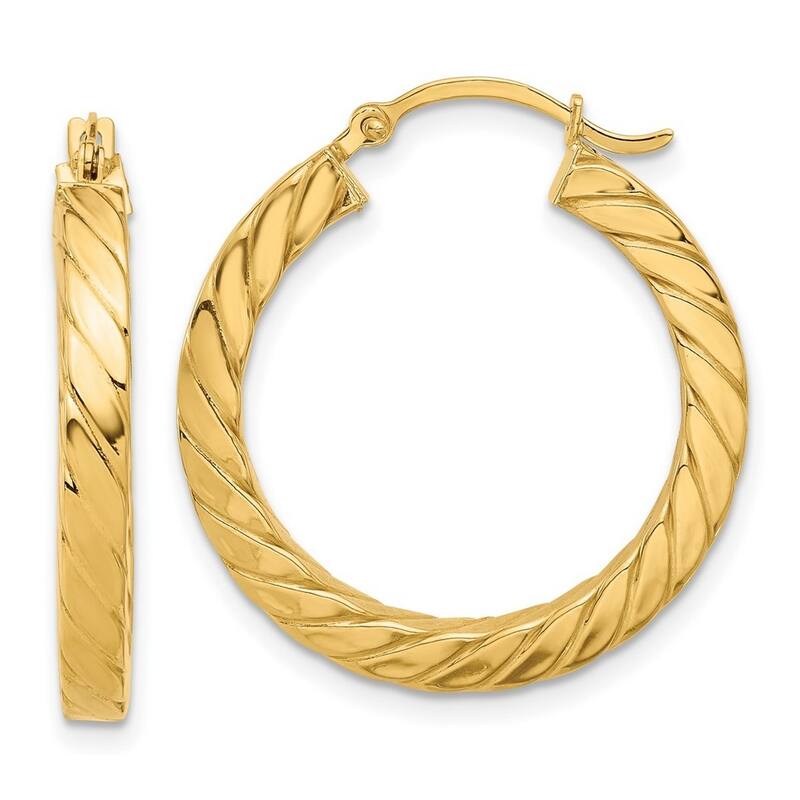 Curata 14k Yellow Gold Polished and Twisted Square Tube Hoop Earrings - 28.26x27.14mm