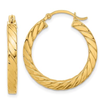 Curata 14k Yellow Gold Polished and Twisted Square Tube Hoop Earrings - 28.26x27.14mm