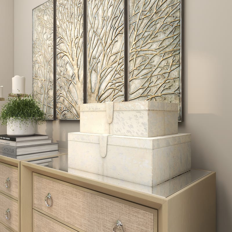 Gray, Silver or Gold Leather Handmade Cowhide Storage Box with Silver Foil Accents (Set of 2)