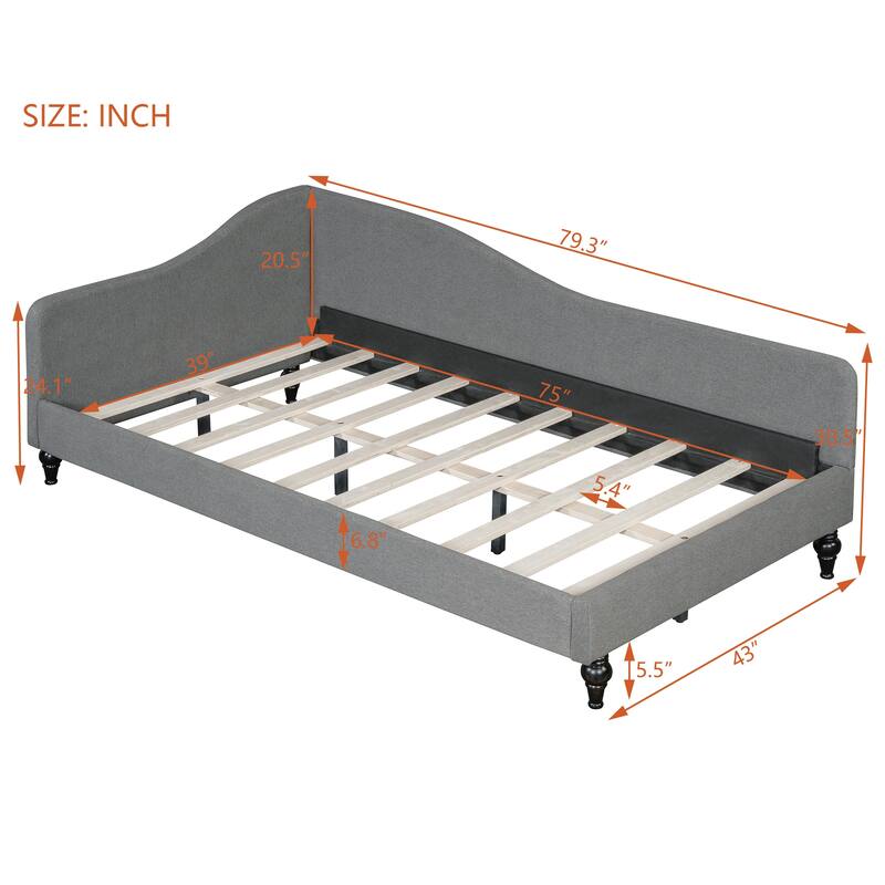 Twin Size L-Shaped Linen Daybed, with Solid Wood Legs, Gray