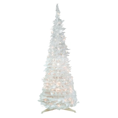 6' Pre-Lit White Tinsel Pop-Up Artificial Christmas Tree, Clear Lights - 6 Foot