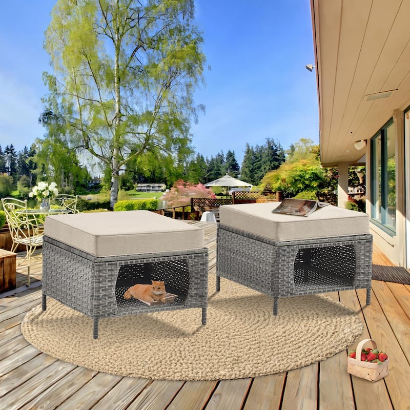 2 Pieces Outdoor Patio Furniture Rattan Storage Ottoman with Cushion - Beige Cushion-Gray Wicker