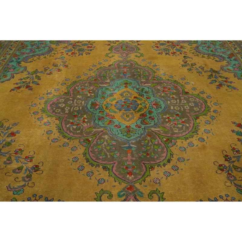 Hand Knotted Oriental 100% Wool Carpet Traditional Floral Yellow & Gold Tabriz Area Rug - 12' 3'' X 9' 5''