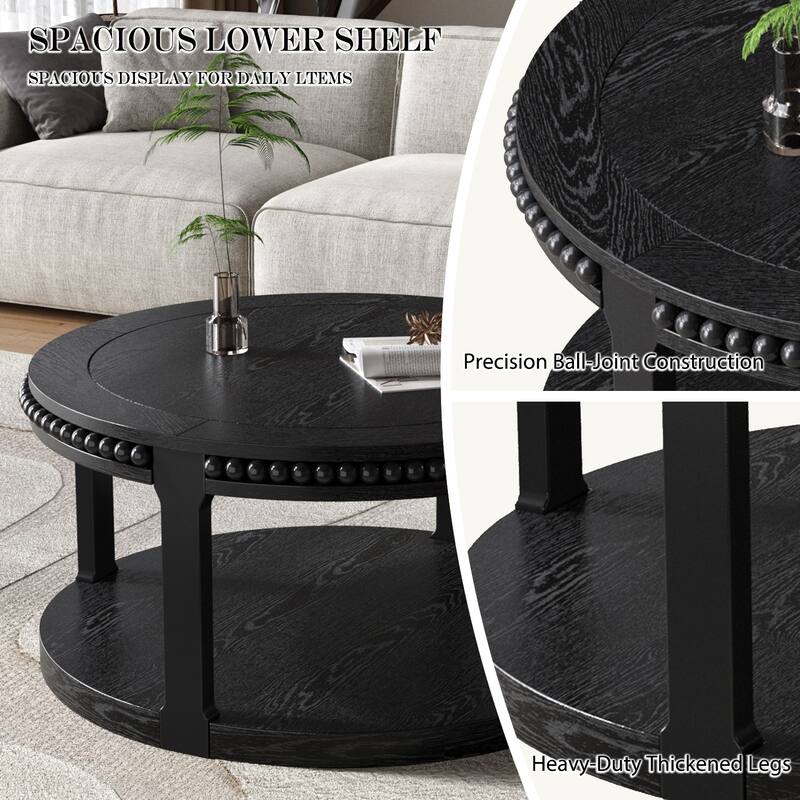 31.5" Round Solid Wood Coffee Table - Two-Tier Thickened Top, Sturdy Legs, Sofa or Living Room Table
