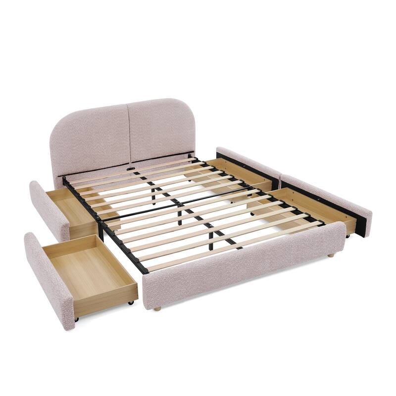 Fabric Upholstered Platform Bed Frame with Curved Headboard/4 Built-in Wheeled Storage Drawers/Sturdy Legs Support/Easy Assembly
