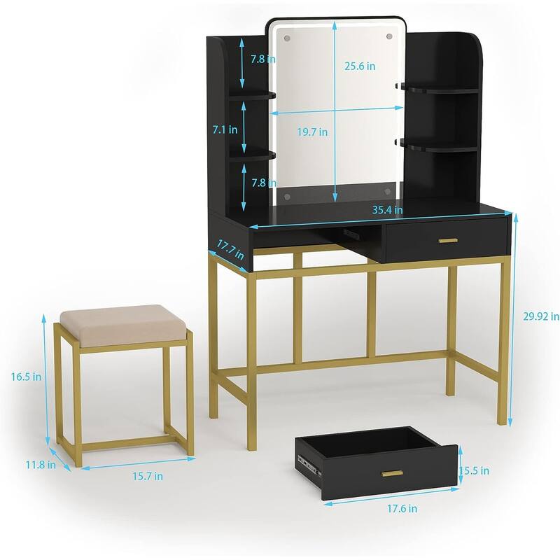 Makeup Vanity Dressing Table with LED Lights, Storage Shelves, Cushioned Stool & 2 Drawers