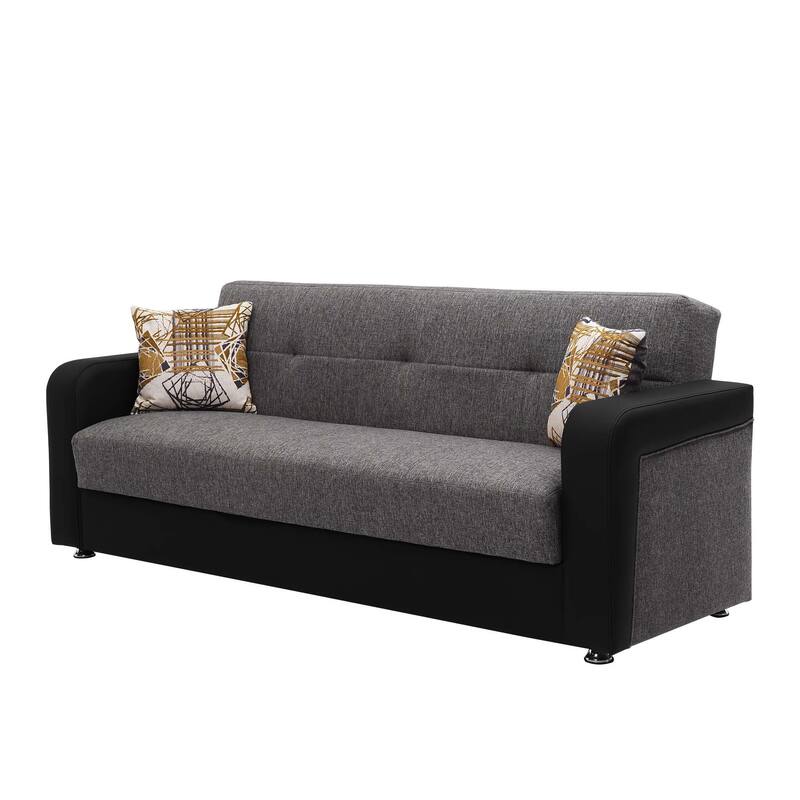HomeRoots 90" Gray Chenille And Faux Leather Convertible Futon Sleeper Sofa And Toss Pillows With Storage