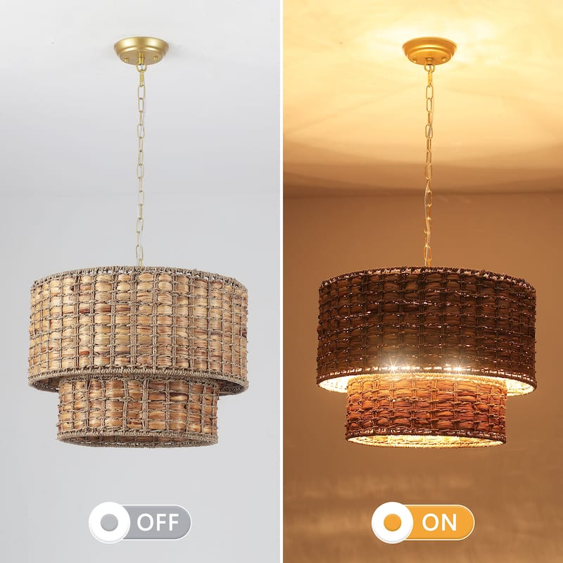 18.9 in. 5-Light Hemp Rope Weaving Drum Chandelier, Bohemian Style Chandelier, Handwoven Semi Flush Mount Chandelier