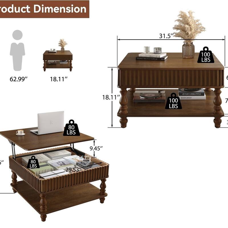 Rustic Style Lift-Top Coffee Table with Hidden & Open Storage