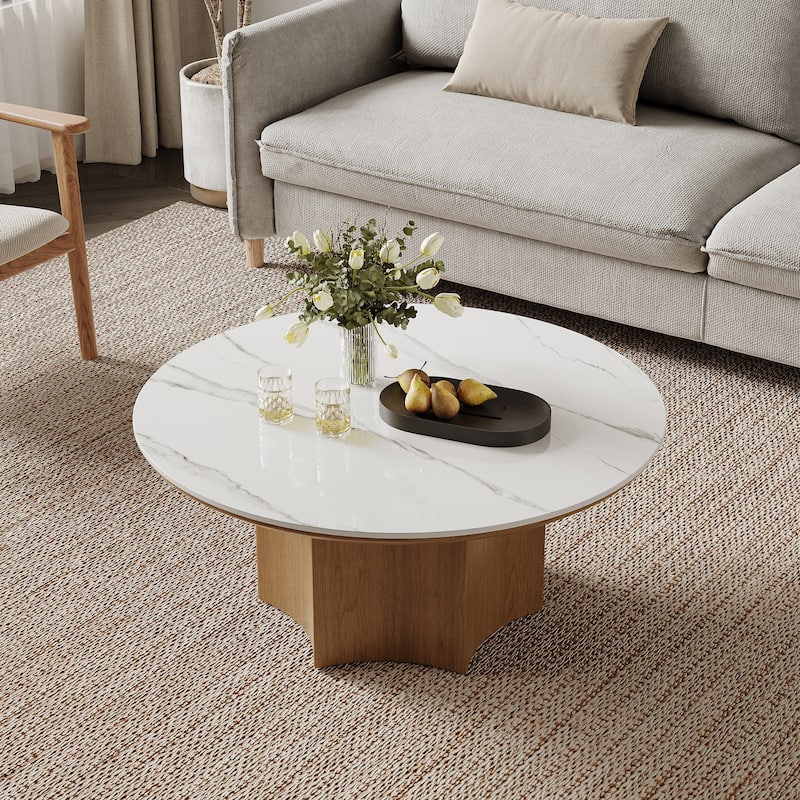 Mid-century Modern Coffee Table,35.43" With White Sintered Stone Table Top, Solid Wood Legs