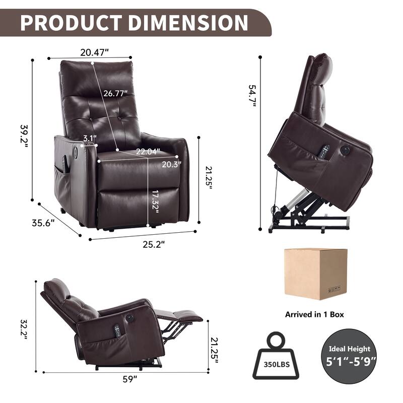 Roomfitters Power Lift Recliner Chair, Single Motor Massage Sofa with Heat and USB Port, Heavy Duty PU Leather