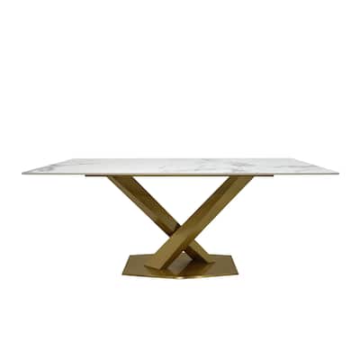 Dining Table with White Slate Marble Top and Matte Gold Base