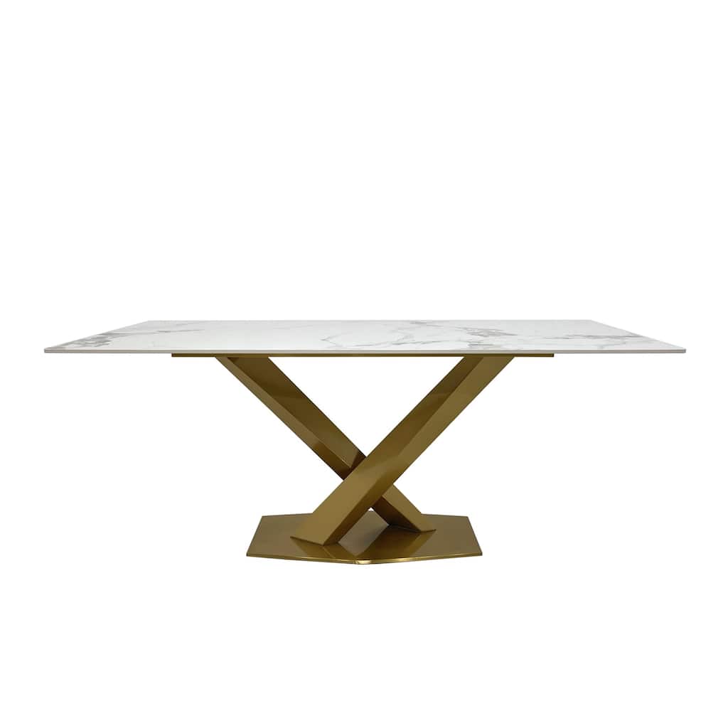 Dining Table with White Slate Marble Top and Matte Gold Base