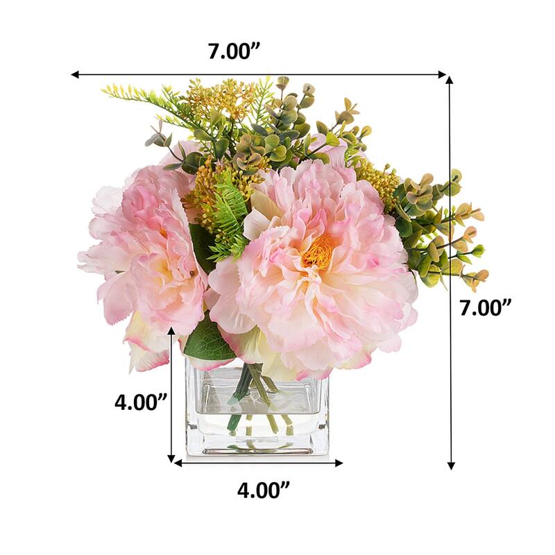 Mixed Silk Peony Flower in Clear Glass Vase With Faux Water for Dining Table Decoration, Home Wedding