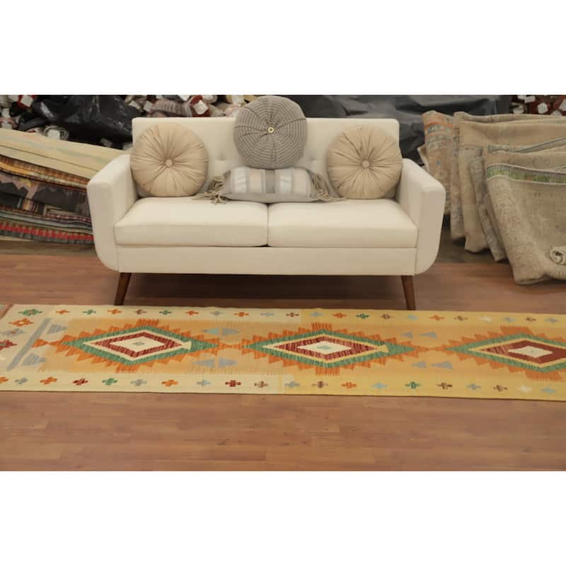 Hand Woven Oriental 100% Wool Carpet Southwestern Tribal Oranges & Rust Kilim Runner Rug - 11' 4'' X 2' 9''