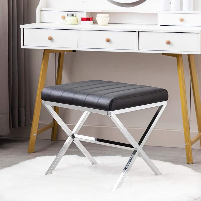 Tufted Faux Leather Vanity Bench with Metal X Legs - Black