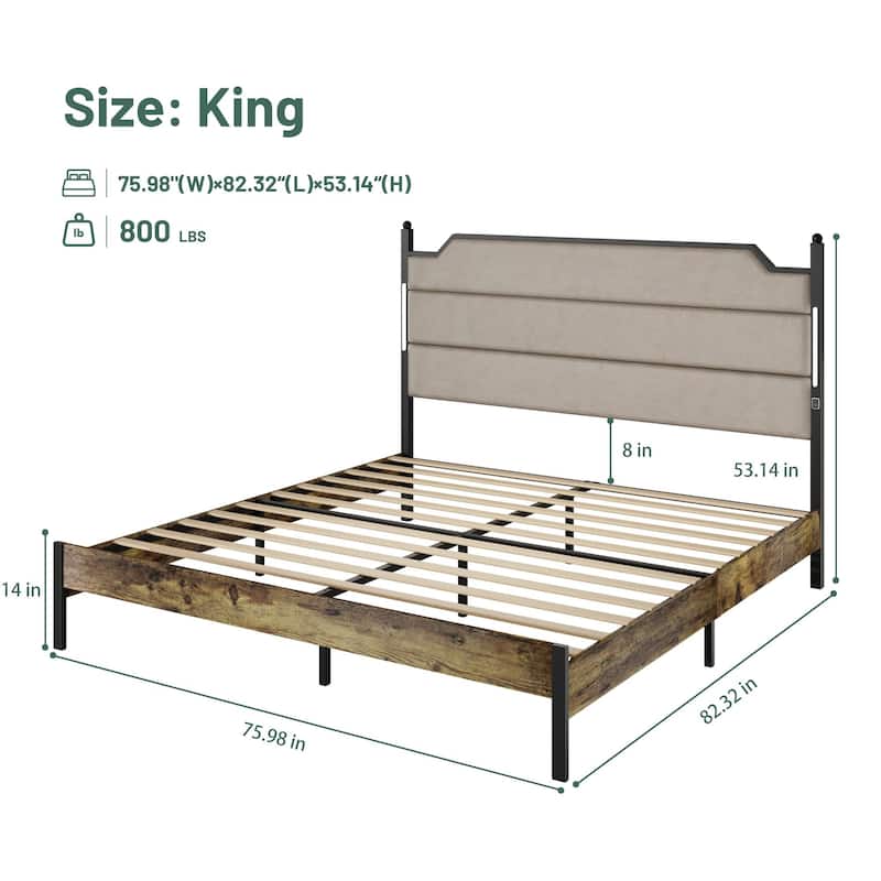 King Size bed Frame with Upholstered Headboard , Queen bed Frame with Charging Station and LED Lights, Wood Slats