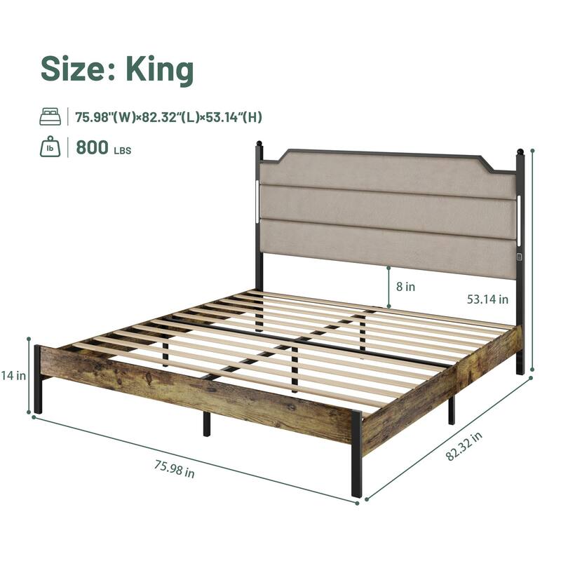 Modern Queen/King Bed Frame with USB Charging, LED Lights, Upholstered Headboard, Wood Slats, Easy Assembly