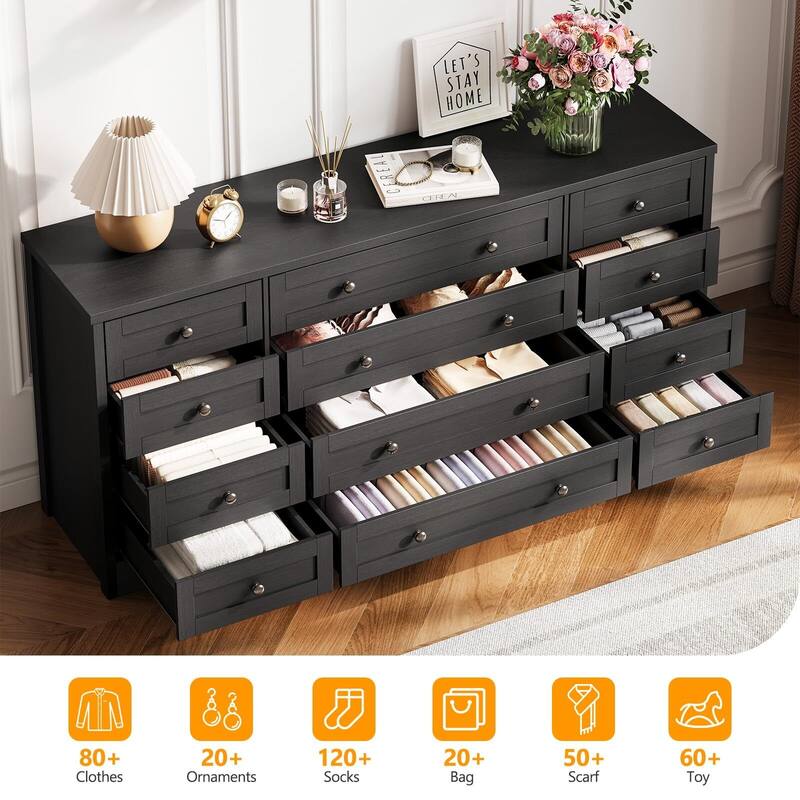 Dresser for Bedroom,Withe Long Wood Dresser with 12 Drawers,Storage Chest of Drawers with Plug-in Charging Hub