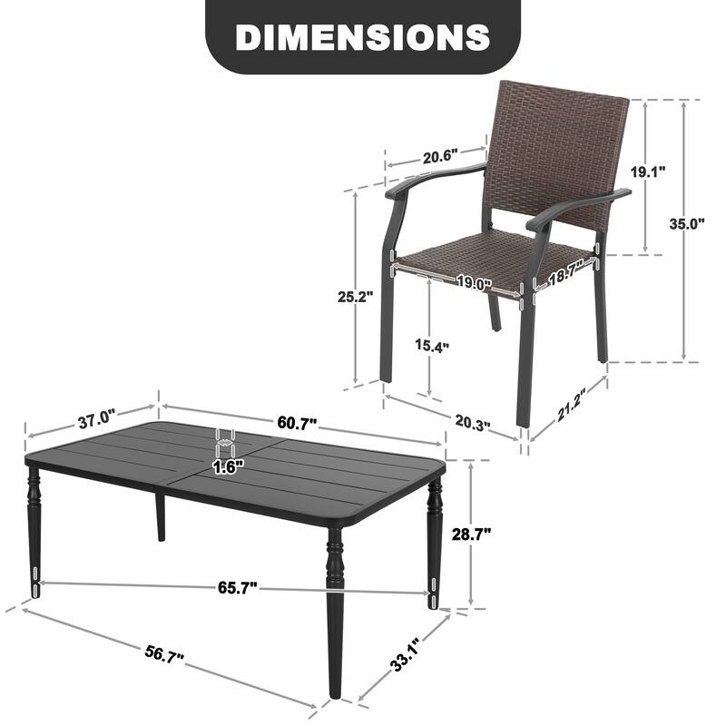 Outdoor 7-Piece Metal Wicker Dining Set with 1.6'' Umbrella Hole, Black