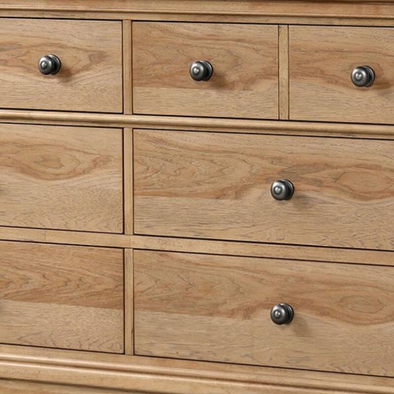 Lexa Wide Dresser, 6 Drawers, Natural Oak Brown Solid Wood, Pewter Metal