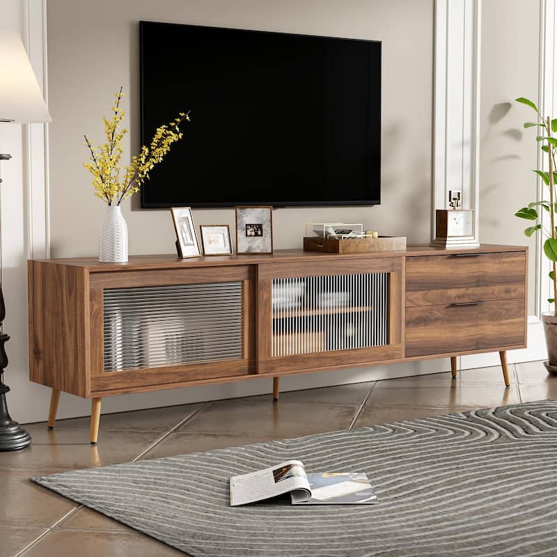 Modern TV Stand for 75"+ TV, TV Console with 2 Glass Doors, Entertainment Center with 2 Drawers & Storage Cabinet